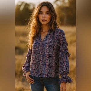 Haute Hippie 100% Silk Indigo Boho Ruffle Blouse NWT XS (Runs Oversized)